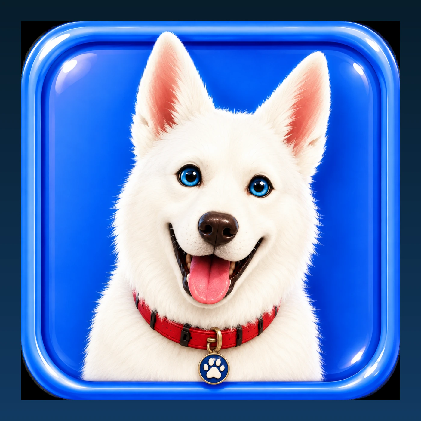 Scarlett, a snowy white husky with bright blue eyes.