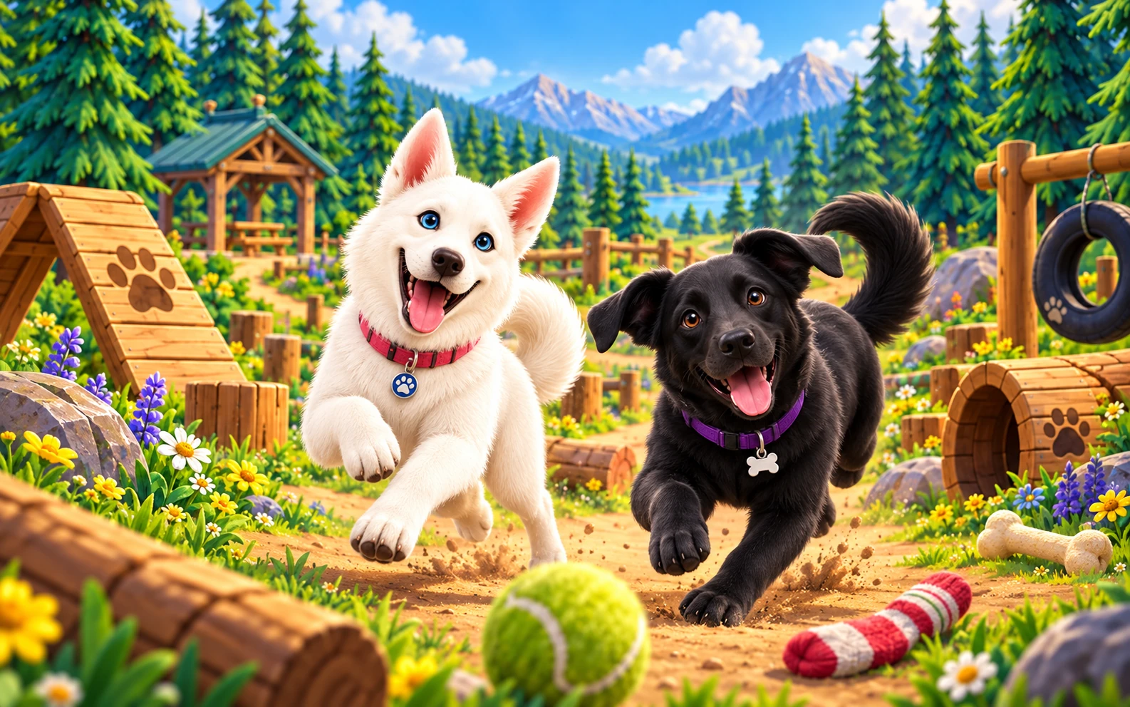Scarlett and Buttercup running through a colorful Timber Tails dog park.