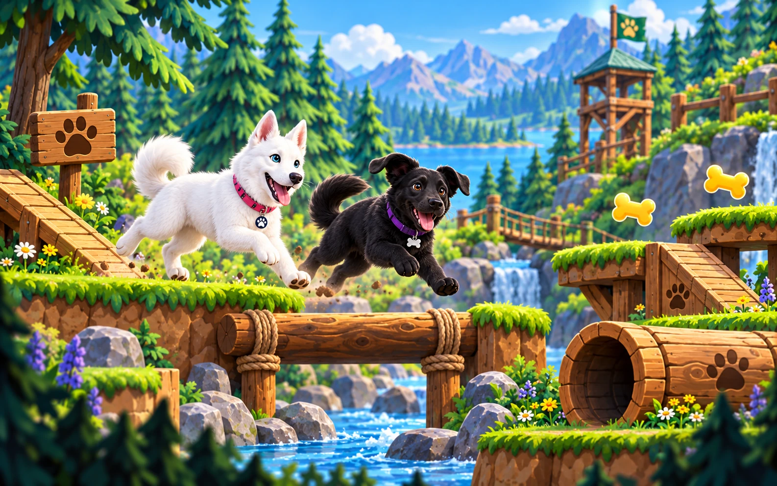 Scarlett and Buttercup exploring Timber Tails in Adventure mode.
