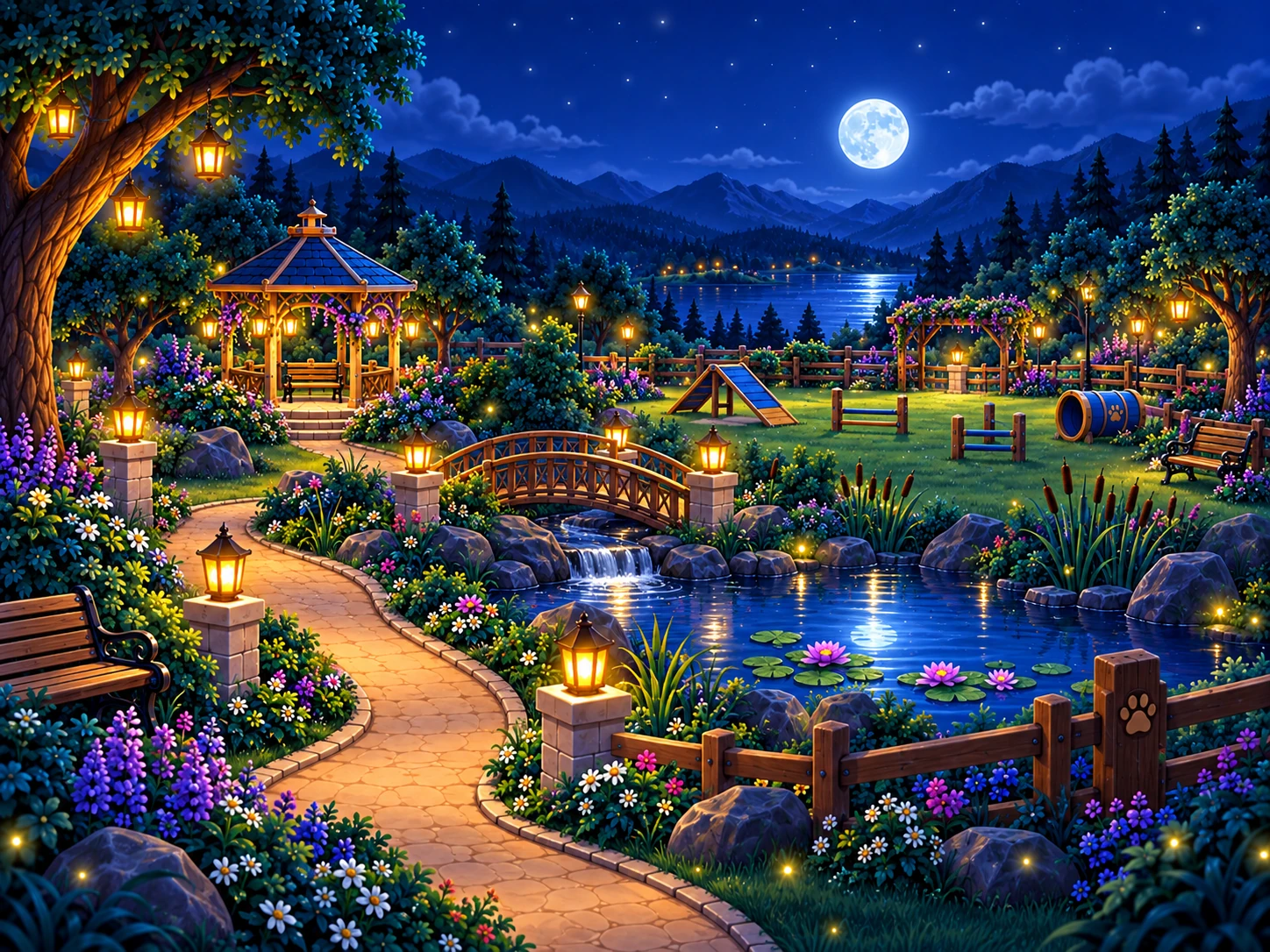 Moonlight Meadow Dog Park environment at night.