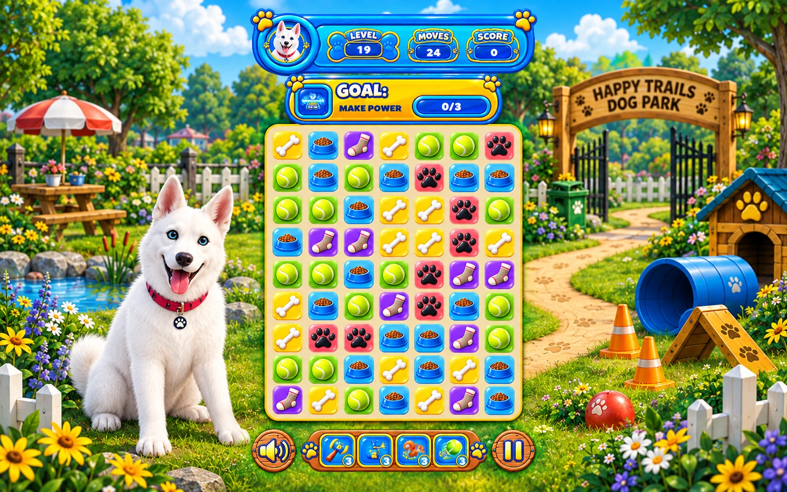 Dog Park Disaster Match 3 gameplay in Happy Trails Dog Park.