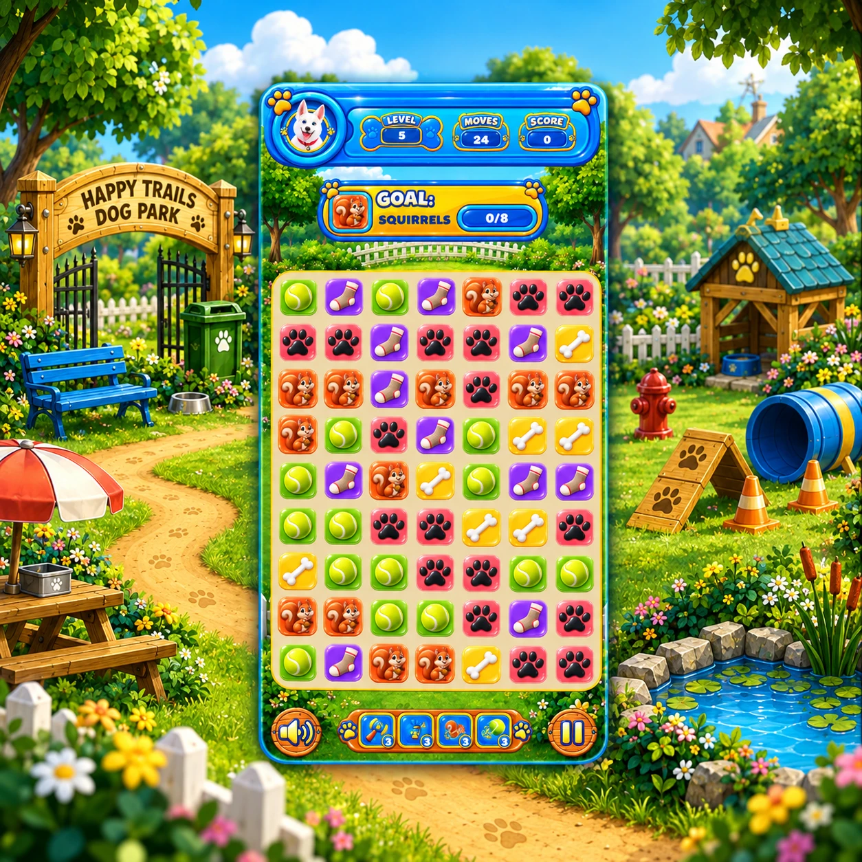 Dog Park Disaster gameplay featured inside the Happy Trails Dog Park environment.